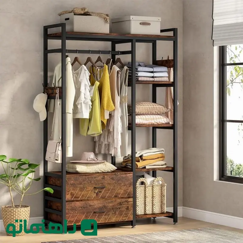 Tribesigns Freestanding Closet Organizer_ Clothes Rack with Wood Drawers and Shelves_ Heavy Duty Garment Rack Hanging Clothing Wardrobe Storage Closet for Bedroom_ Rustic Brown