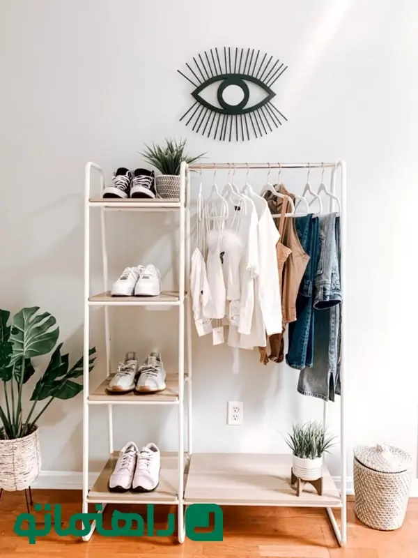 IRIS USA Clothes Rack for Hanging Clothes with 4 Wood Shelves_ Freestanding Clothing Rack_ Easy to Assemble Garment Rack_ Metal_ Sturdy Design_ Multipurpose_ Small Space Storage Solution_ White