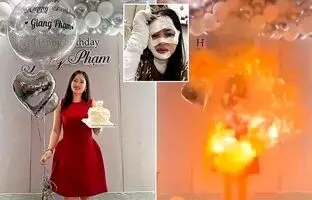 لحظه تکان‌دهنده انفجار آتشین بادکنک تولد در صورت یک زن + ویدئو