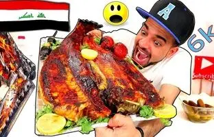 (ویدئو) غذا خوردن با صدا؛ خوردن جالب 6 کیلوگرم ماهی کبابی توسط جوان مشهور عراقی