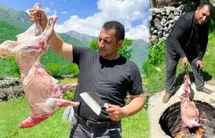 (ویدئو) کباب کردن متفاوت گوسفند 8 کیلوگرمی در تنور به سبک آشپز مشهور روستایی آذربایجانی