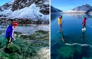 (ویدئو) اسکیت بر روی دریاچه‌ای شیشه‌ای در آلاسکا