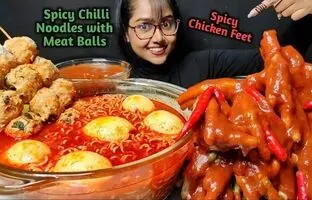(ویدئو) غذا خوردن با صدا؛ خوردن 3 کیلوگرم نودل و پای مرغ توسط دختر جوان و مشهور هندی