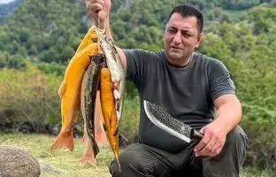 (ویدئو) غذای روستایی؛ کباب کردن 5 ماهی قزل آلا روی سنگ توسط آشپز مشهور آذربایجانی