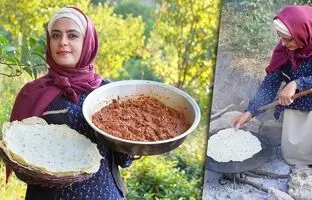 (ویدئو) غذاهای روستایی: پخت نان تازه و میرزا قاسمی به سبک بانوی روستایی شمالی