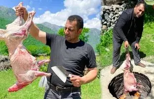(ویدئو) کباب کردن گوسفند 8 کیلوگرمی در تنور به سبک آشپز مشهور روستایی آذربایجانی