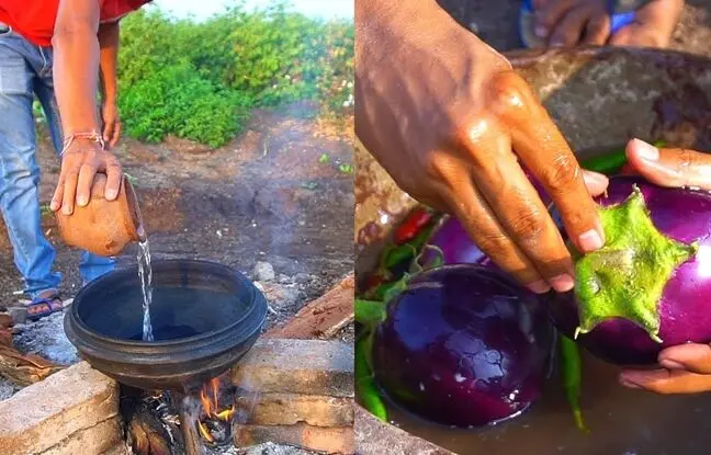 (ویدئو) غذاهای روستایی: پخت یک غذای متفاوت با بادمجان کبابی و برنج توسط کشاورز هندی