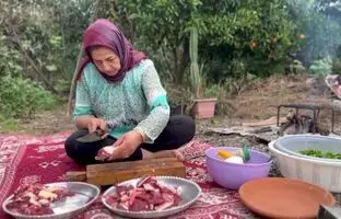 (ویدئو) تهیه کباب ترش با گوشت گاو به شیوه بانوی خوش سلیقه روستایی گیلانی
