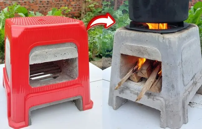 (ویدئو) با کمک یه چهارپایه پلاستیکی و کمی سیمان یه اجاق هیزمی حرفه ای بساز