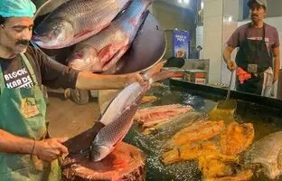 (ویدئو) غذای خیابانی در پاکستان؛ نحوه پخت 55 کیلو ماهی ماسالا توسط یک آشپز مشهور