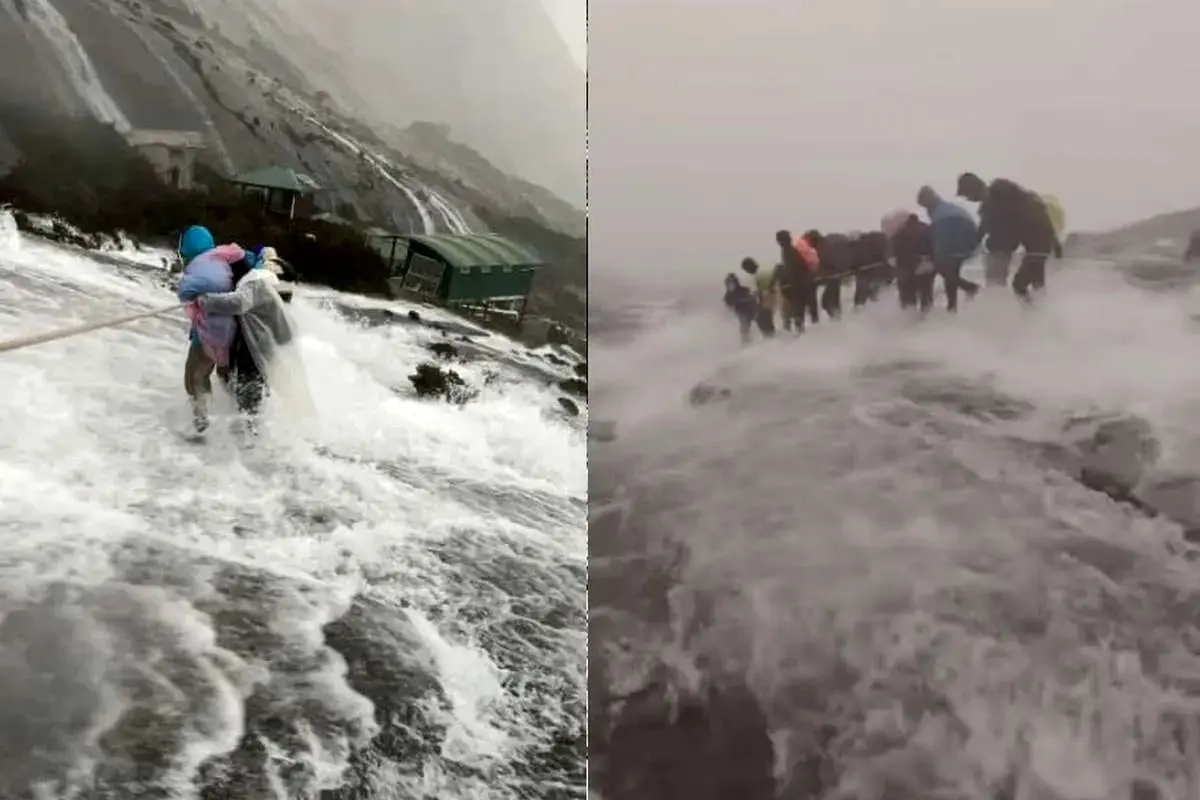 گرفتار شدن کوهنوردان در سیلاب ناگهانی +ویدئو
