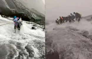 گرفتار شدن کوهنوردان در سیلاب ناگهانی +ویدئو
