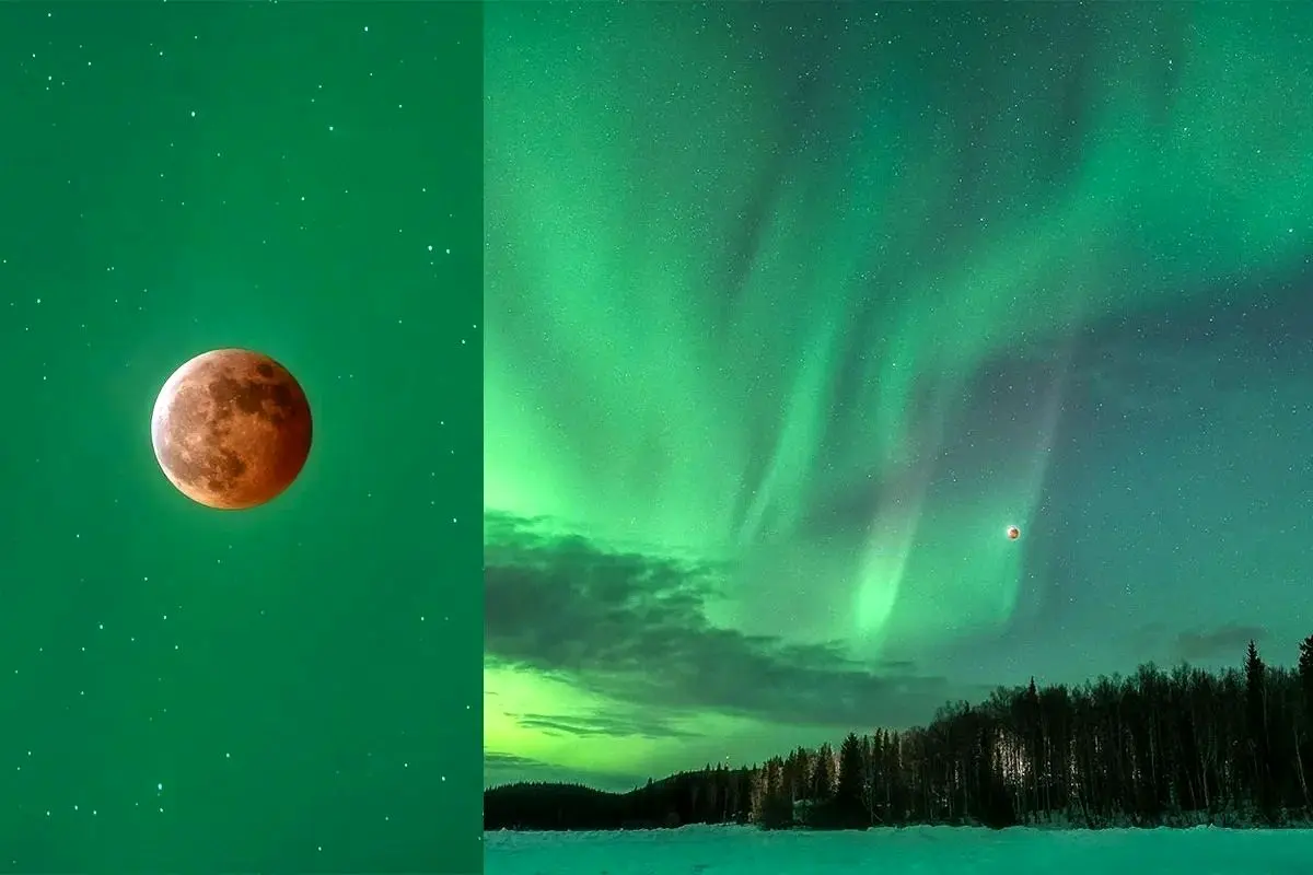 تصاویر بی‌نقصی از ماه‌گرفتگی در پس‌زمینه‌ مسحورکننده‌ شفق قطبی 