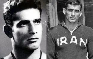 «امامعلی حبیبی» در حال بوسه زدن به صورت «تختی»؛ دهه 30