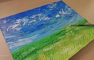 آموزش نقاشی: آسمان آبی و یک دشت سرسبز