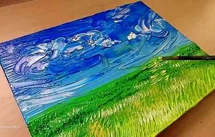 آموزش نقاشی: آسمان آبی و یک دشت سرسبز