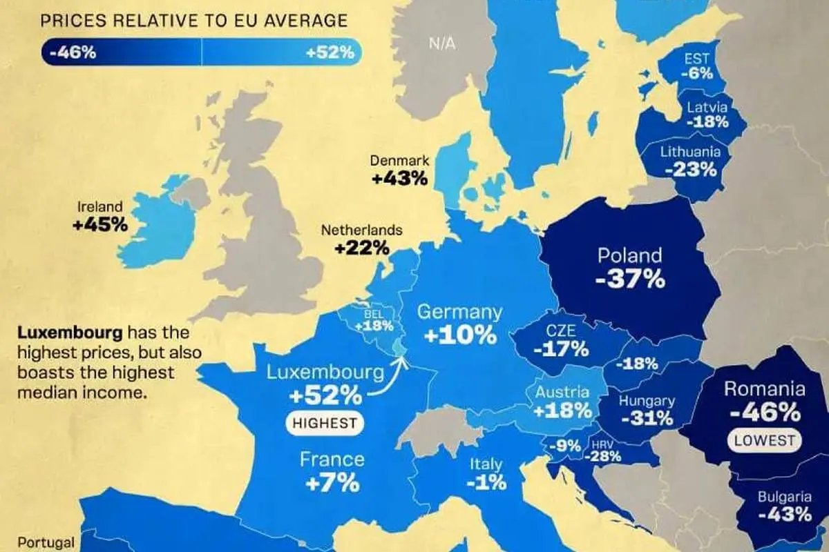 مقایسه هزینه‌های زندگی در کشورهای عضو اتحادیه اروپا (+ نقشه) 